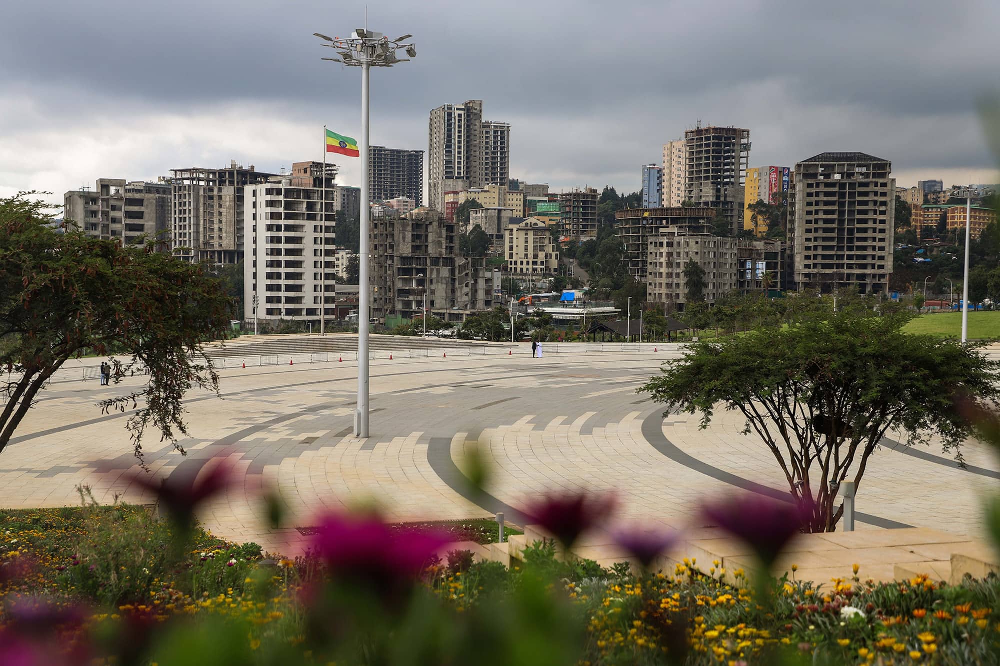 Urban landscape with skyscrapers on the horizon.