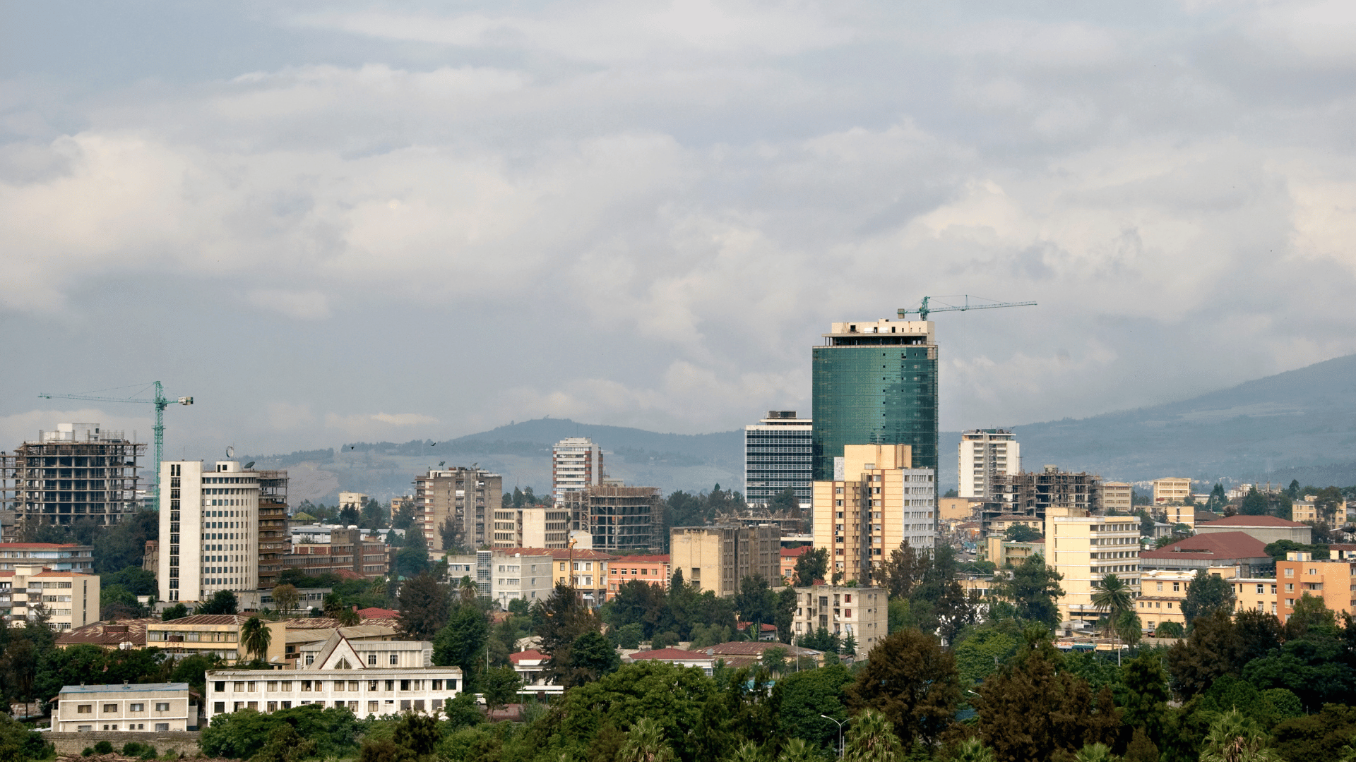 Addis Ababa skyline featuring high-rise buildings and lush greenery.